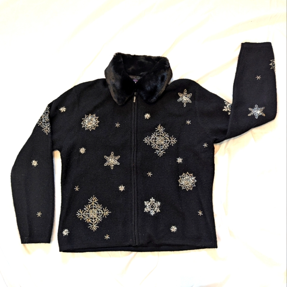 Black 100% Wool Beaded Sweater with Detachable Faux Fur Collar